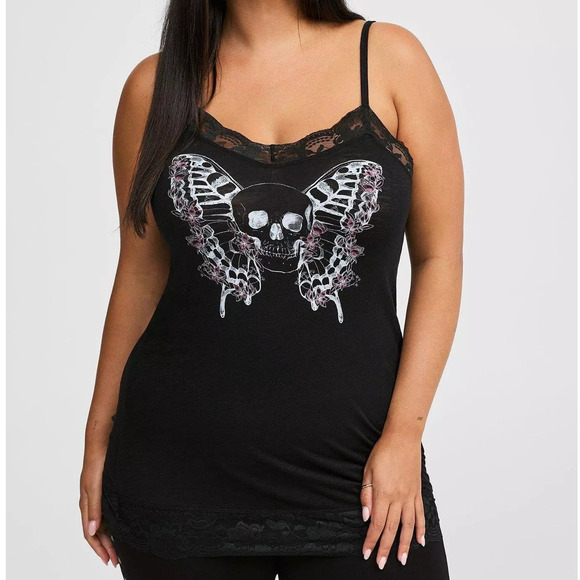 Torrid 3 (3X 22/24) New Skull Butterfly Tattoo Punk Gothic Lace Trim Cami Tank‎ - Picture 2 of 3
